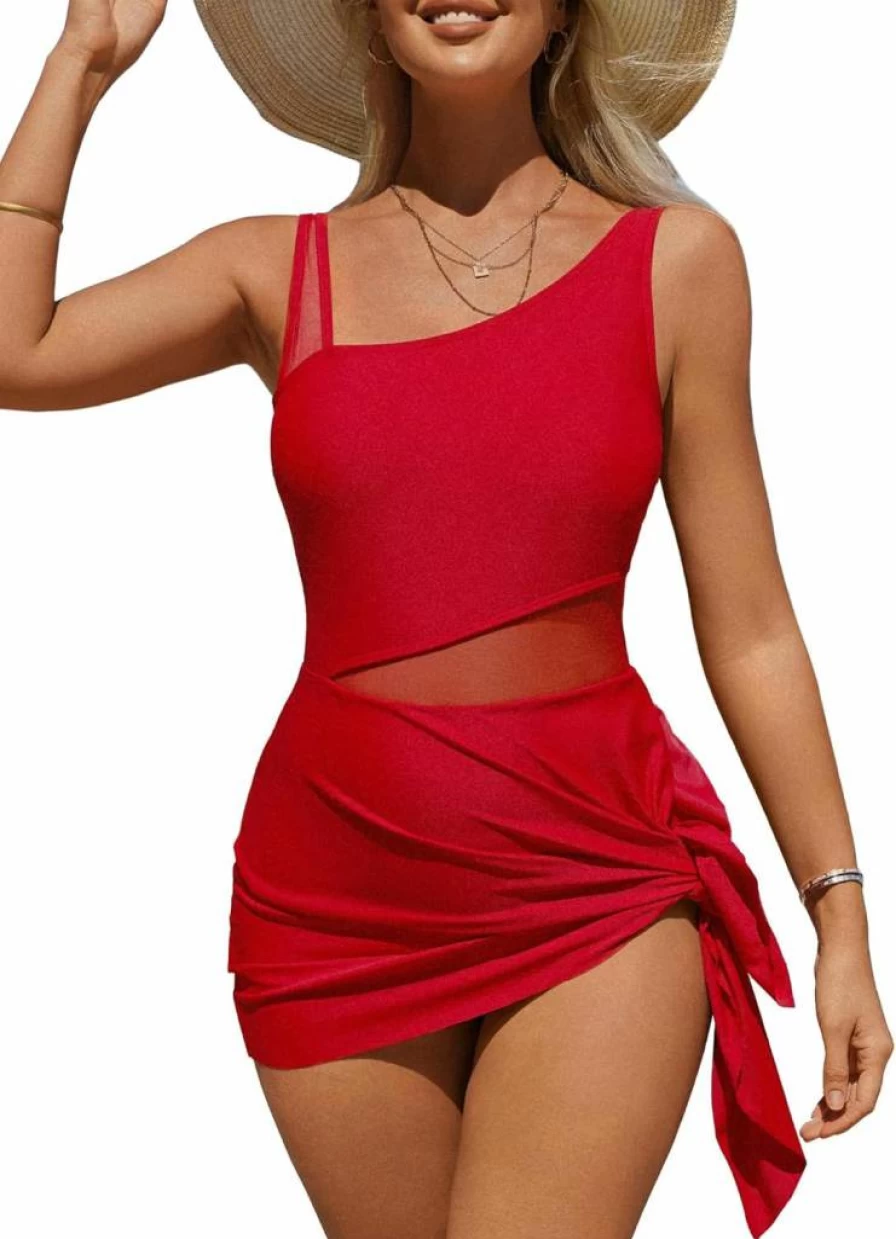 Charmo Women's One Piece Swimsuit with Side Tie Knot, Hollow Out Design, Skirt and Built-In Briefs - Flattering Swimdress for Beach & Pool