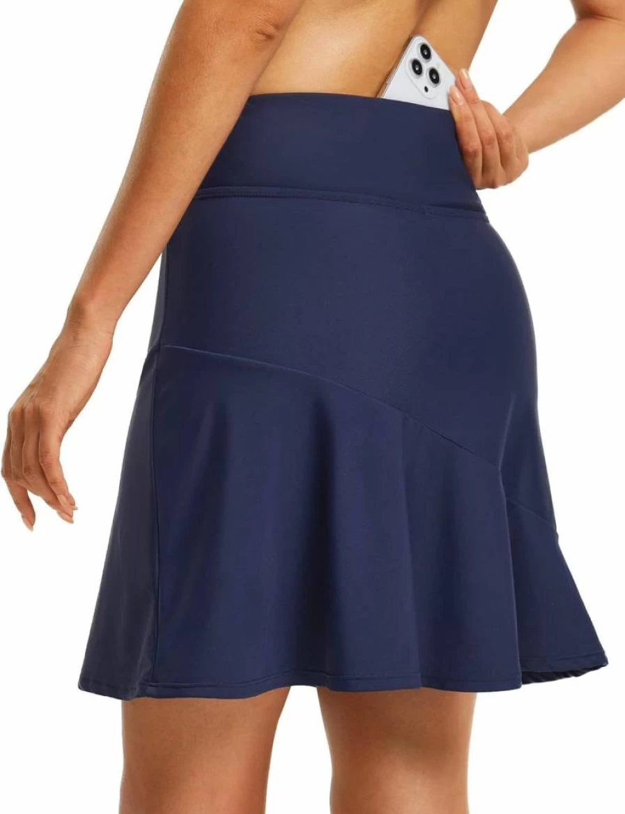 FitsT4 Sports Women's High Waisted Swim Skirt with Pockets - 20" Modest Beach Skort Tummy Control Swimsuit Bottom for Women