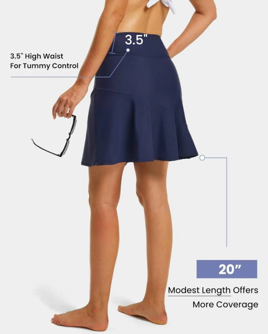 FitsT4 Sports Women's High Waisted Swim Skirt with Pockets - 20" Modest Beach Skort Tummy Control Swimsuit Bottom for Women