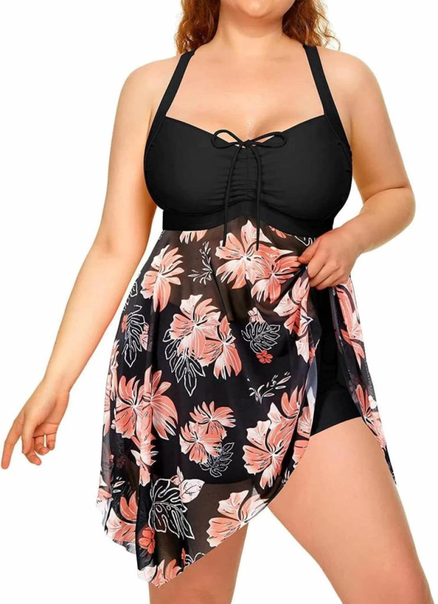 Daci Women's Plus Size Swim Dress Two-Piece Set with Mesh Cover-Up and Flowy Shorts - Comfortable Bathing Suit for Beach & Pool