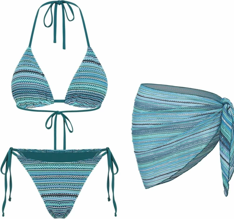 ZAFUL Women's Floral Print Halter Triangle Bikini Set with Sheer Cover Up Skirt - 3 Piece Swimsuit