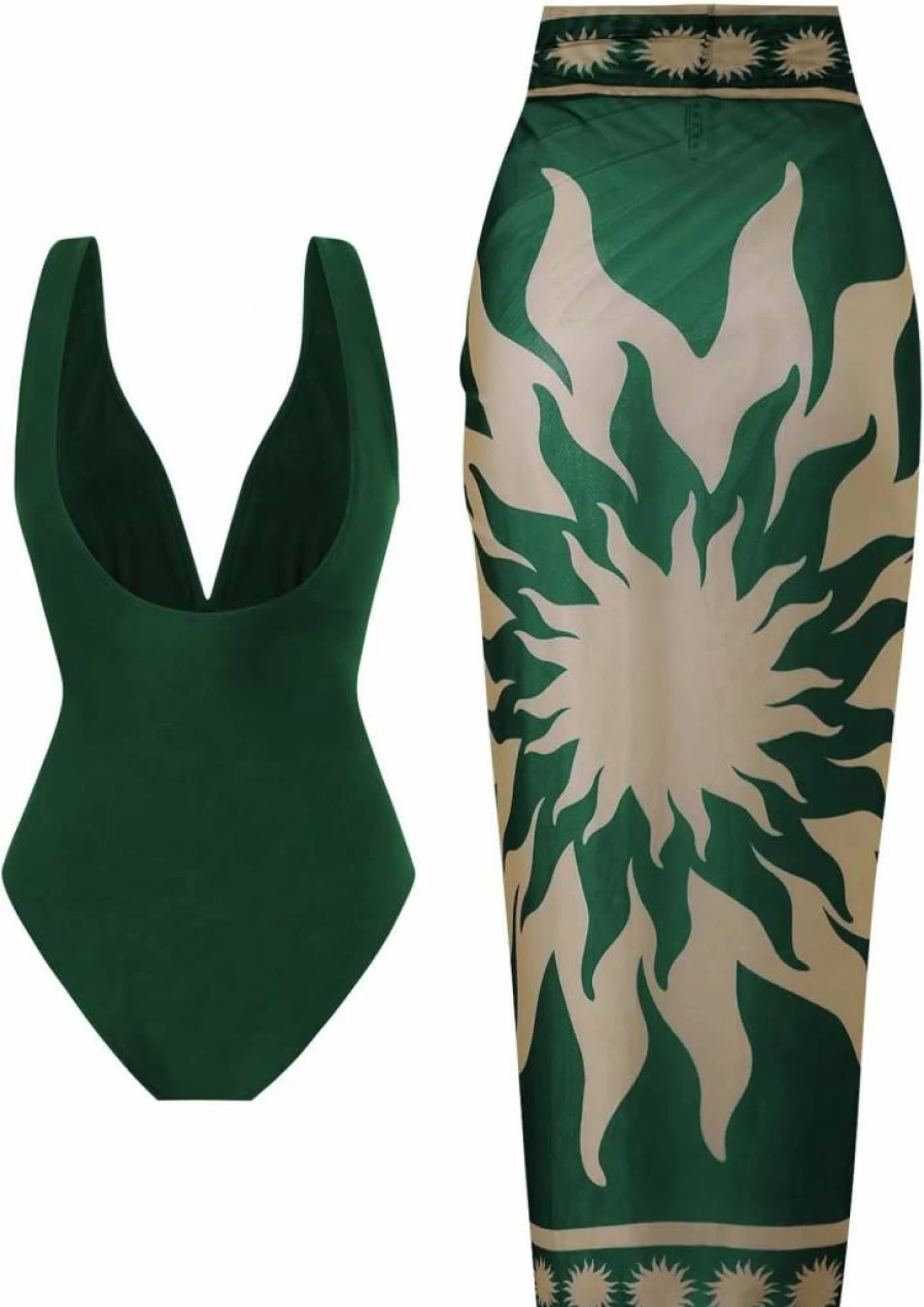 SherryDC Women's Floral Print One Piece Swimsuit with Plunge V-Neck and Wrap Skirt Sarong Cover Up
