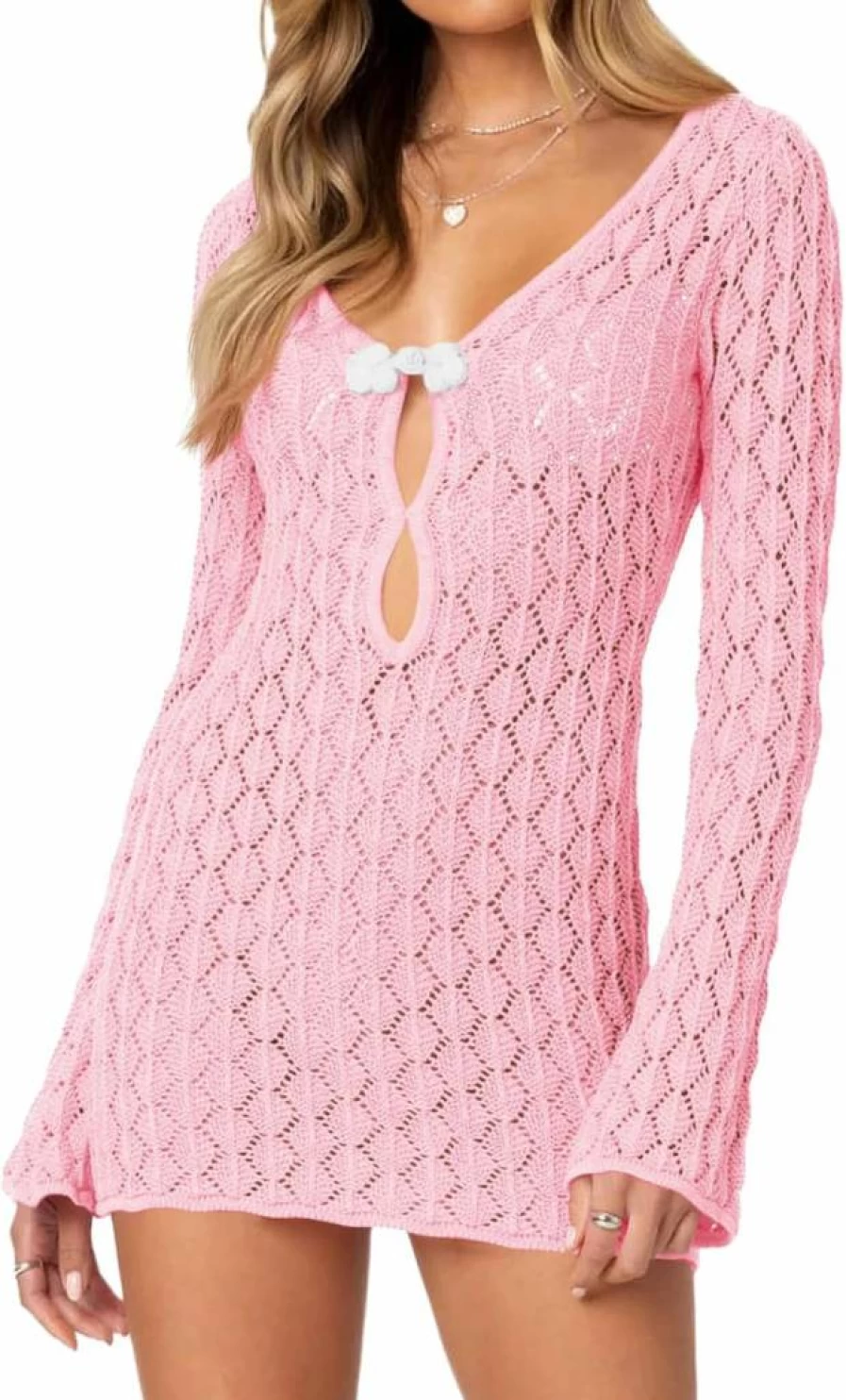 Saodimallsu Women's Crochet Beach Cover Up Dress Long Sleeve Sheer Knit Swimsuit Coverup Sexy Bodycon Mini Dress Summer Cut Out Design