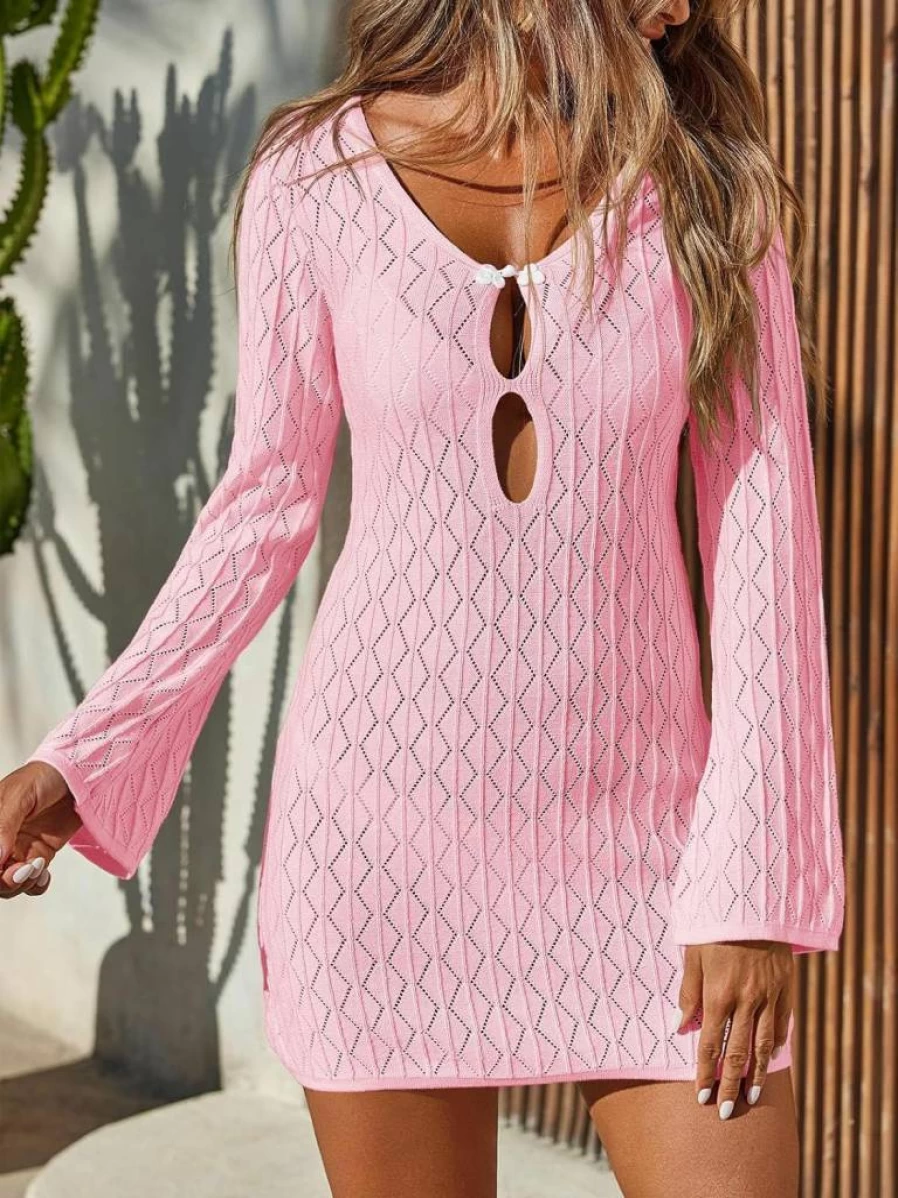 Saodimallsu Women's Crochet Beach Cover Up Dress Long Sleeve Sheer Knit Swimsuit Coverup Sexy Bodycon Mini Dress Summer Cut Out Design