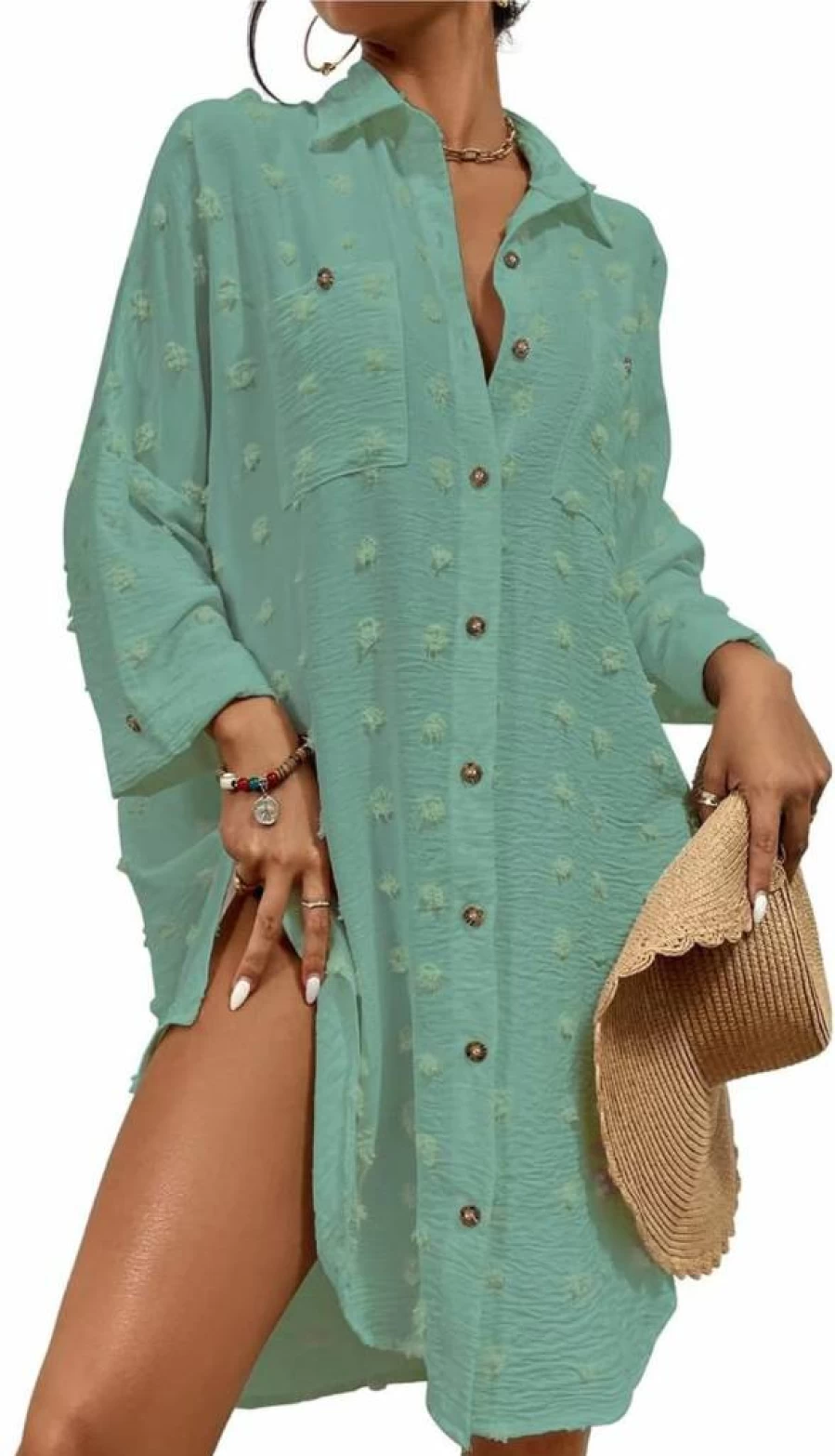 Bsubseach Women's Swiss Dot Button Down Shirt Dress - Beach Cover Up Tops & Casual Blouse