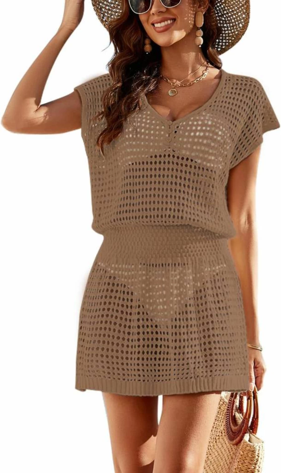 Hount Women's Crochet Beach Cover Up Dress V Neck Bikini Swimwear 2025 Summer Swimsuit