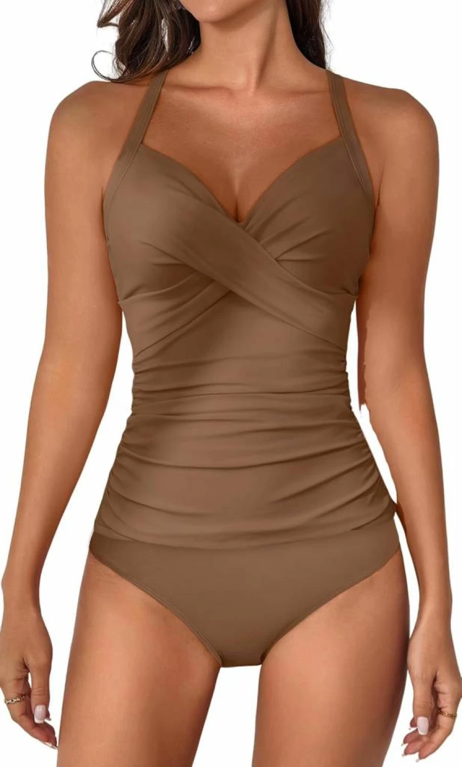 B2Prity Women's Tummy Control Ruched Tankini Swimwear Two Piece V Neck Tie Back Bathing Suit