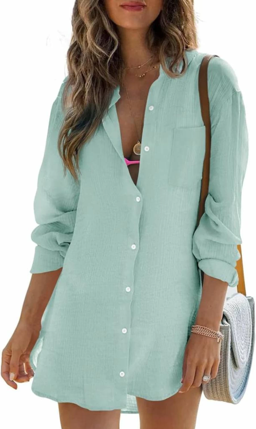 Pretifeel Women's Summer Beach Cover Up - Lightweight Cotton Gauze Long Sleeve Shirt, Button Down Bikini Swimsuit Top