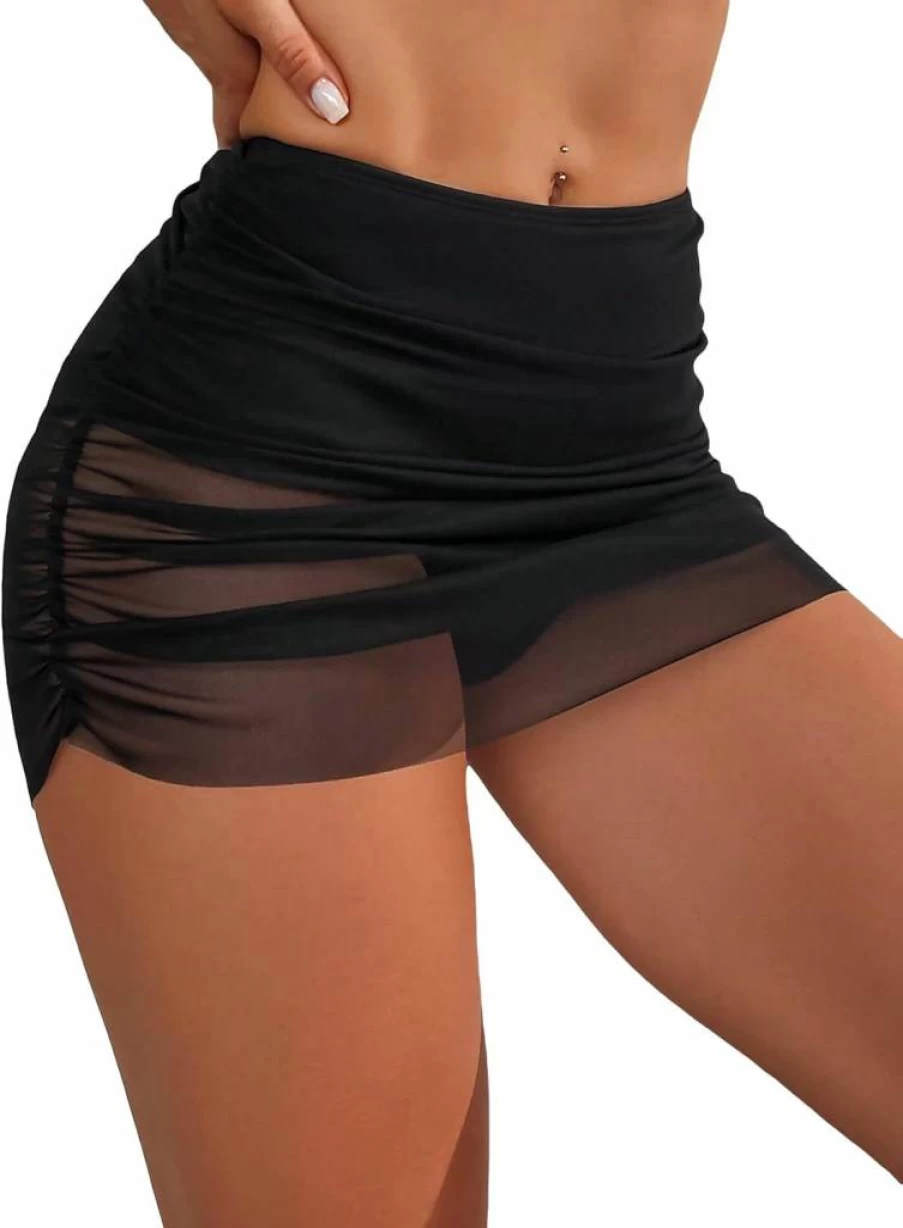 OYOANGLE Women's High Waisted Swim Skirt Bikini Bottom - Sheer Mesh Ruched Design for Beach & Pool