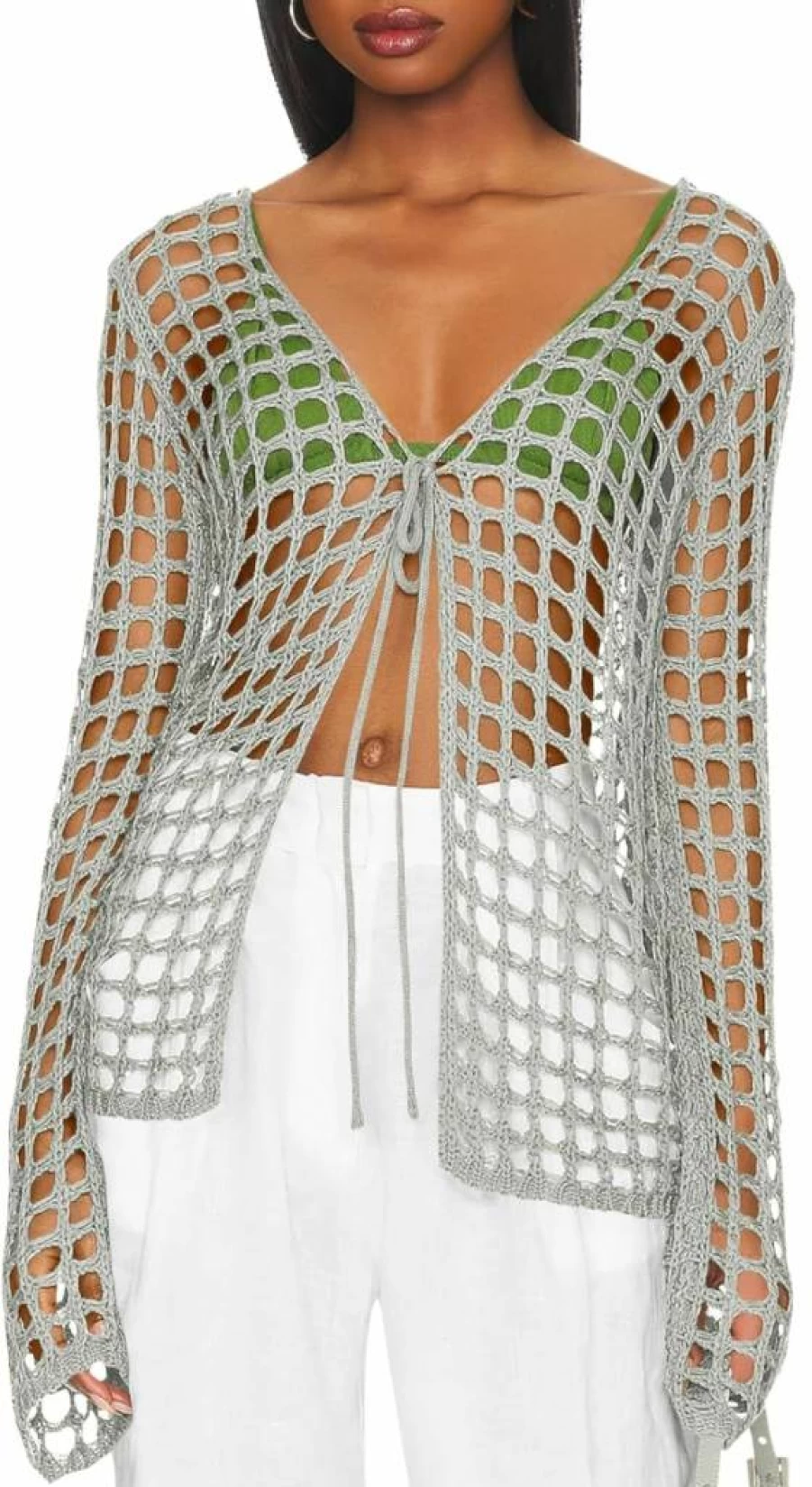 Saodimallsu Women's Crochet Knit Cardigan Cover Up - Long Sleeve Hollow Out Beach Swimsuit Coverup Tie Front Lace Cardigan