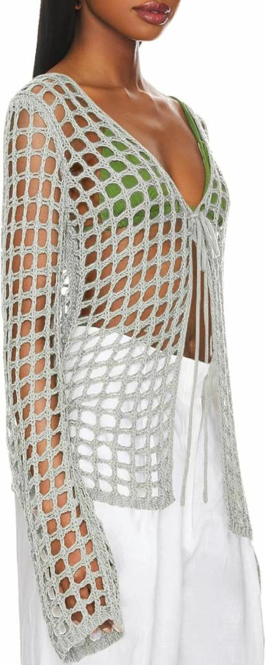 Saodimallsu Women's Crochet Knit Cardigan Cover Up - Long Sleeve Hollow Out Beach Swimsuit Coverup Tie Front Lace Cardigan