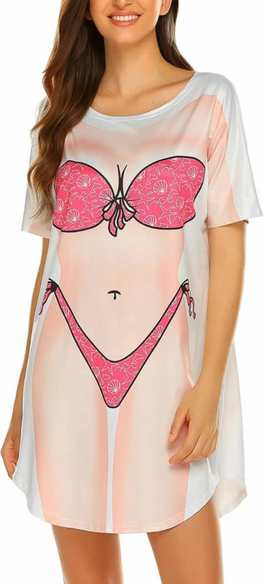 Ekouaer Women's Cute Bikini Print Cover-Up Dress - Short Sleeve Baggy T-Shirt Beachwear for Fun Summer Wear
