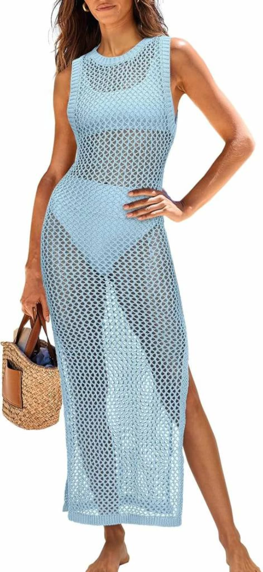 ANRABESS Women's Crochet Beach Cover Up Dress - Sleeveless Hollow Knit Bikini Swimwear Cover-Up for Summer