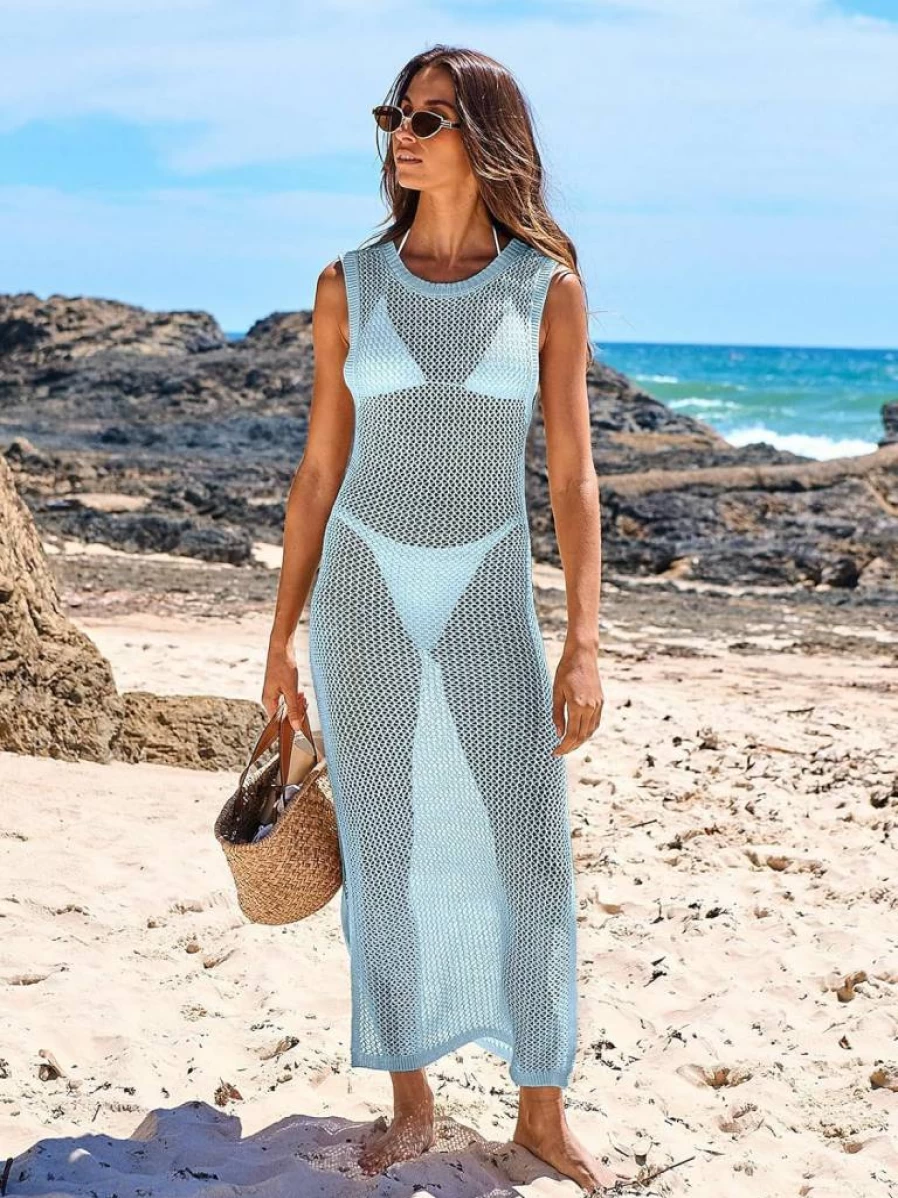 ANRABESS Women's Crochet Beach Cover Up Dress - Sleeveless Hollow Knit Bikini Swimwear Cover-Up for Summer