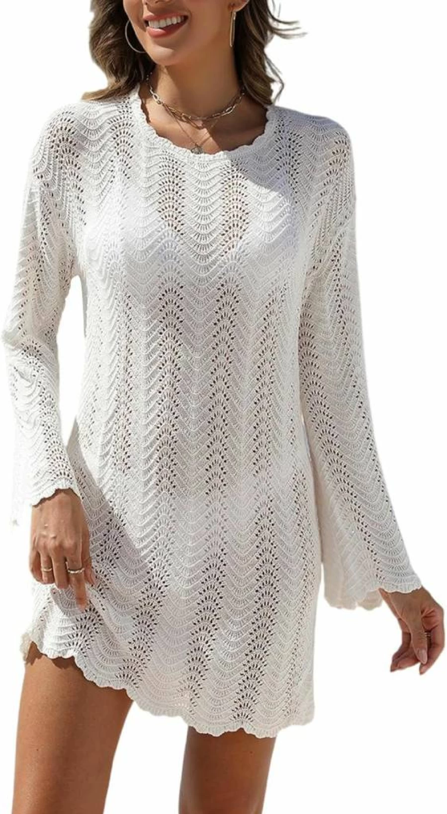 VIMPUNEC Women's Crochet Beach Cover Up Dress - Summer Swimwear Coverup for Bathing Suits, Lightweight Knit Swim Dress
